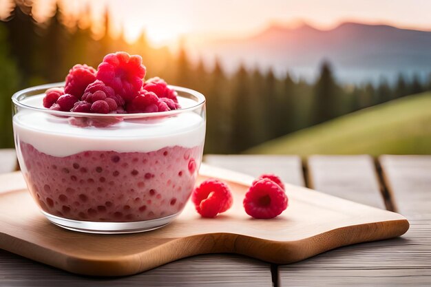 un bol de framboises est posé sur une table devant une vue sur la montagne.