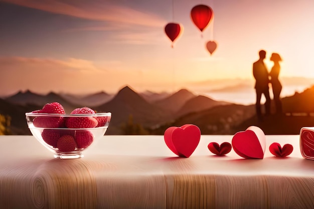 Un bol de framboises est posé sur une table avec un homme regardant le coucher de soleil sur les montagnes.