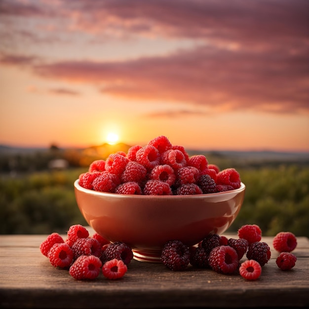 Bol de framboises avec fond de coucher de soleil