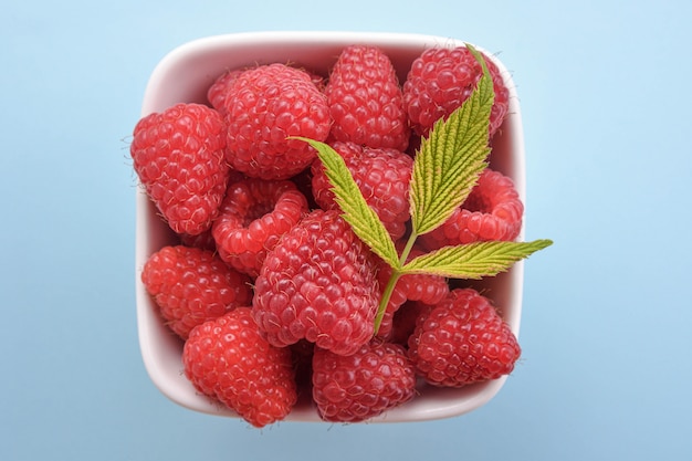 Bol de framboises fraîches avec des feuilles vertes sur bleu. Vue de dessus.