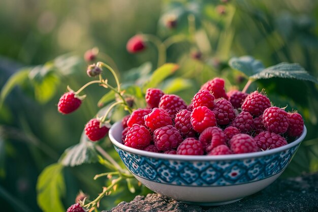 un bol de framboises fraîches avec quelques-unes encore sur la vigne