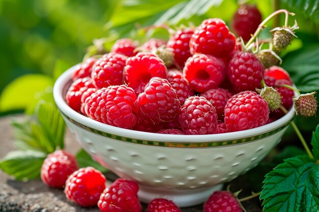 un bol de framboises fraîches avec quelques-unes encore sur la vigne