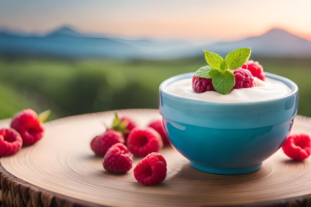 un bol de framboises avec une montagne en arrière-plan