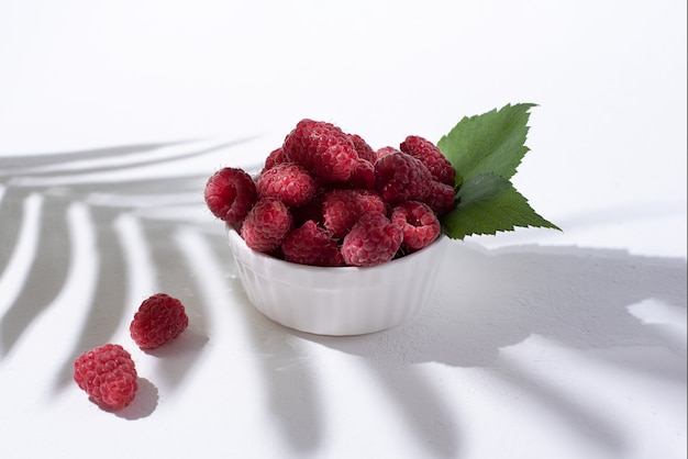 Bol avec des framboises mûres sur fond blanc avec une belle ombre d'une feuille, récolte de baies d'été, gros plan.