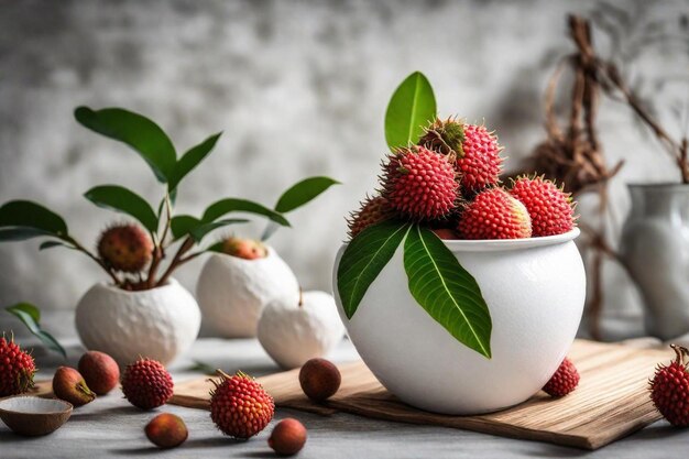 un bol de framboises et une plante sur une table