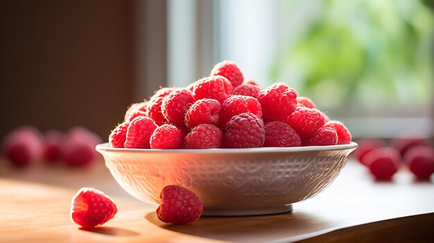 un bol de framboises posé sur une table