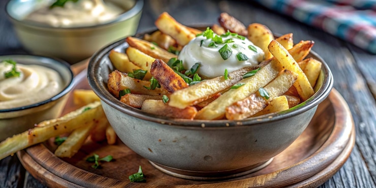 Photo un bol de frites avec un côté de pommes de terre frites