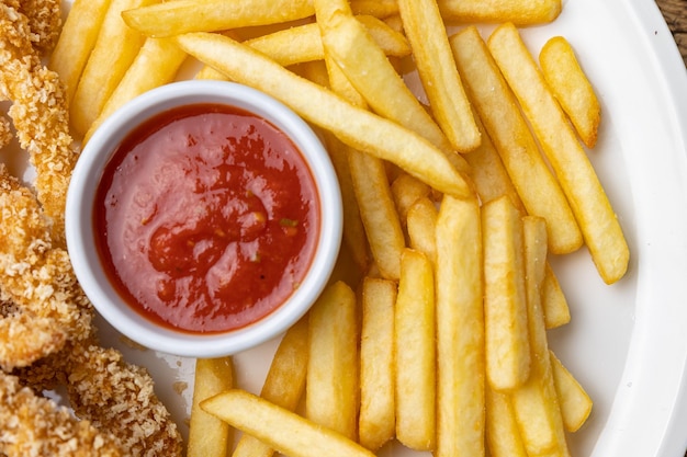 Un bol de frites avec du ketchup dessus