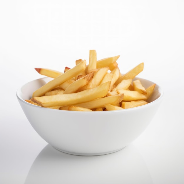 Un bol de frites est posé sur une table.