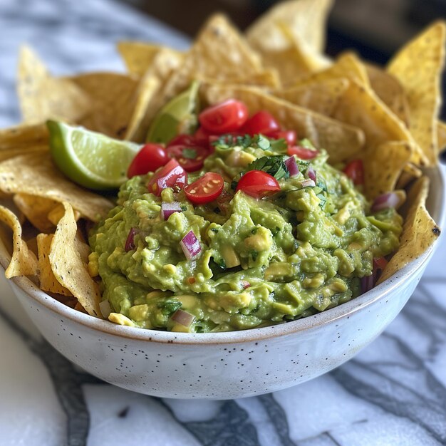 Photo un bol de frites de guacamole avec un bol blanc de guacomole et d'avocat