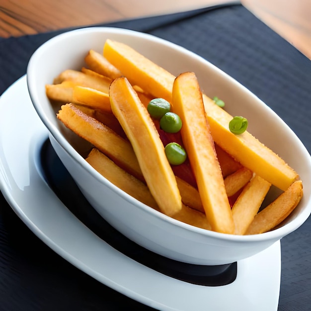 Un bol de frites avec oignons verts et petits pois