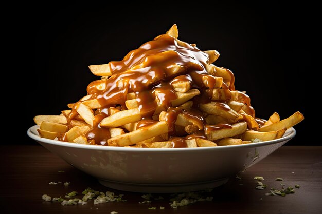 un bol de frites avec de la sauce sur le dessus