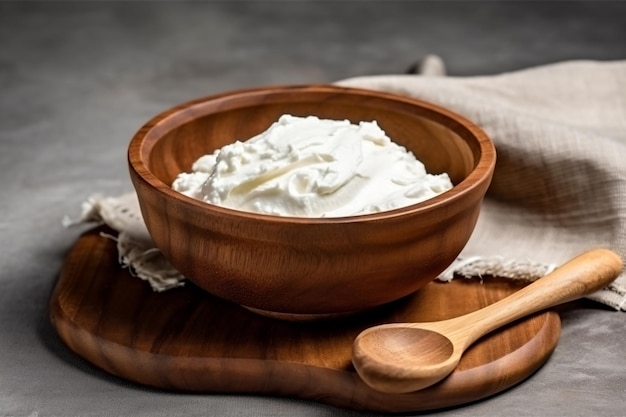 un bol de fromage cottage avec une cuillère en bois