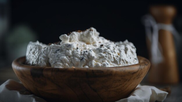 Un bol de fromage cottage avec une cuillère dedans