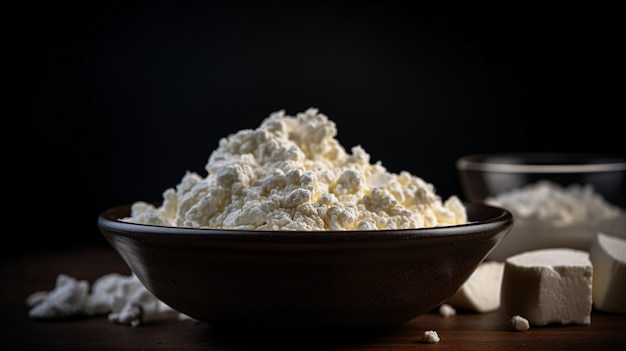 Un bol de fromage cottage est posé sur une table