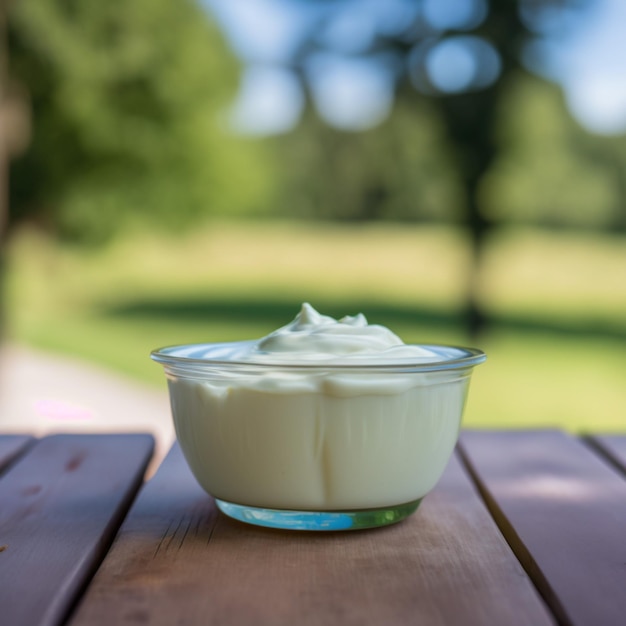 Photo bol de fromage à la crème sur fond de bois images d'illustration rendu 3d