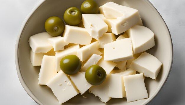 un bol de fromage et d'olives avec un bol de Fromage