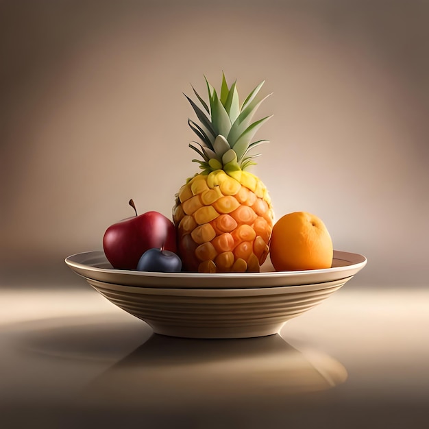 un bol de fruits avec un ananas dessus