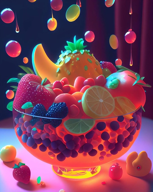 Un bol de fruits avec un arc-en-ciel de couleurs dessus