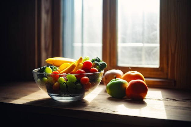 Bol de fruits assis sur une table en bois à côté de la fenêtre Generative AI