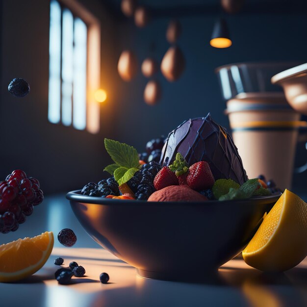 Un bol de fruits et une boisson avec une tasse de café jaune en arrière-plan.