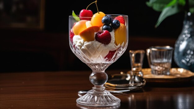 Un bol de fruits avec de la crème fouettée et un verre de glace sur une table.