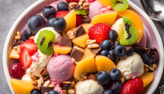 un bol de fruits et de crème glacée avec une fraise et de la crème au chocolat