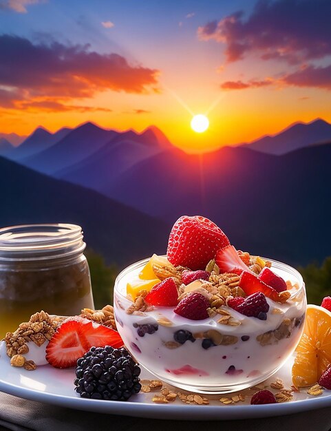 bol de fruits avec une cuillère et une fraise sur la table