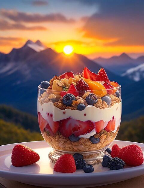 bol de fruits avec une cuillère et une fraise sur la table