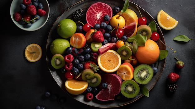 Un bol de fruits avec différents fruits dessus