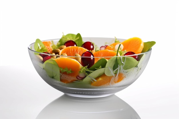 Un bol de fruits est posé sur une table avec un fond blanc.