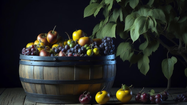 Un bol de fruits est posé sur une table avec un fond noir.