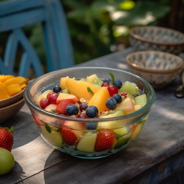 Un bol de fruits est sur une table avec d'autres fruits.