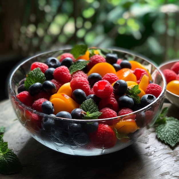 Un bol de fruits est sur une table en bois avec un bol de fruits.