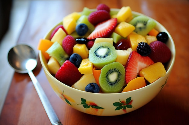 Un bol de fruits est sur une table avec une cuillère.