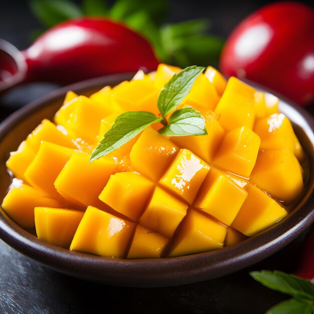 un bol de fruits avec une feuille verte sur le dessus