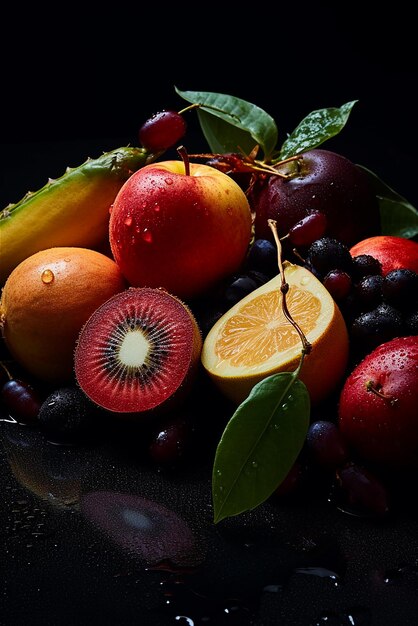 Un bol de fruits avec une feuille verte et une pomme rouge