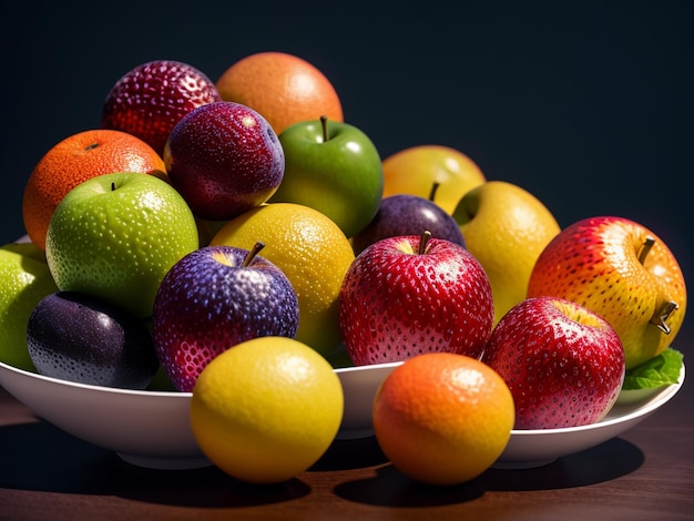 Un bol de fruits avec un fond bleu derrière