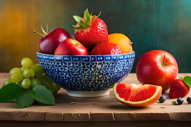 Un bol de fruits avec un fond bleu et un fond vert.