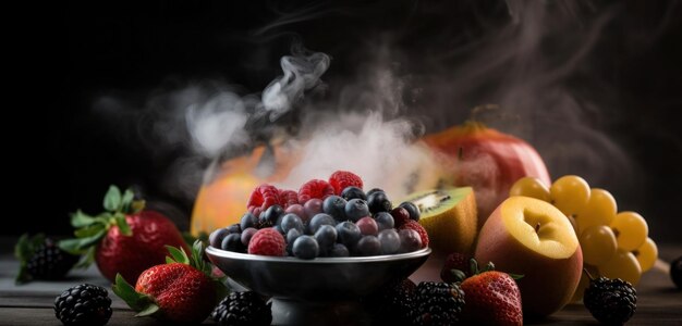 Un bol de fruits avec un fond fumé