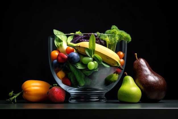 Un bol de fruits avec un fond noir et une pomme verte et une banane.