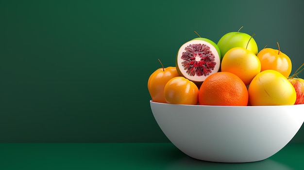 Photo un bol de fruits frais et colorés sur un fond vert solide les fruits incluent des oranges, des pommes et des fraises