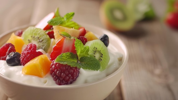 Un bol de fruits frais avec du yogourt crémeux