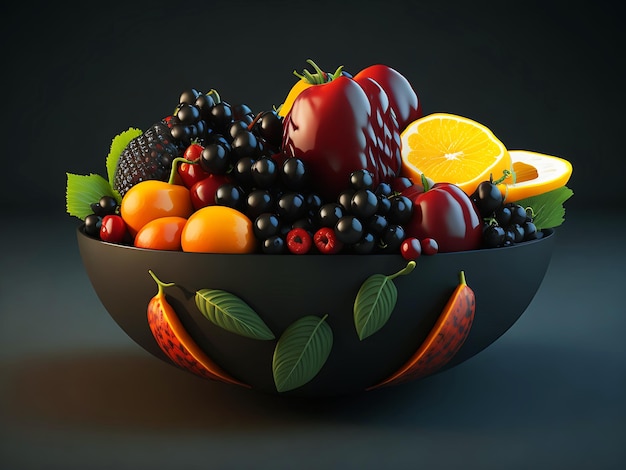 Un bol de fruits frais noir De nombreux fruits avec un fond noir Generative Ai