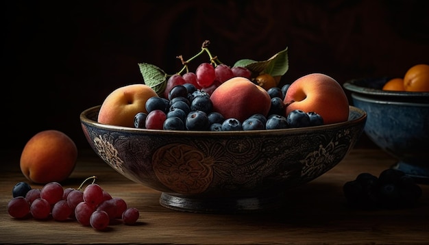 Bol de fruits frais sur table en bois rustique généré par AI