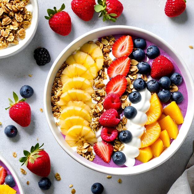 un bol de fruits avec des fraises et des bleuets dessus