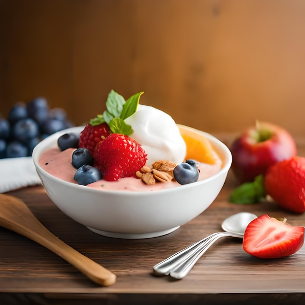 Un bol de fruits avec des fraises et des myrtilles sur le dessus.