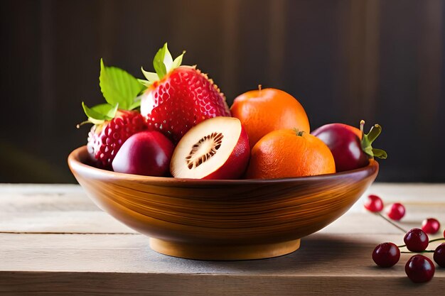 Un bol de fruits avec des fraises et des oranges