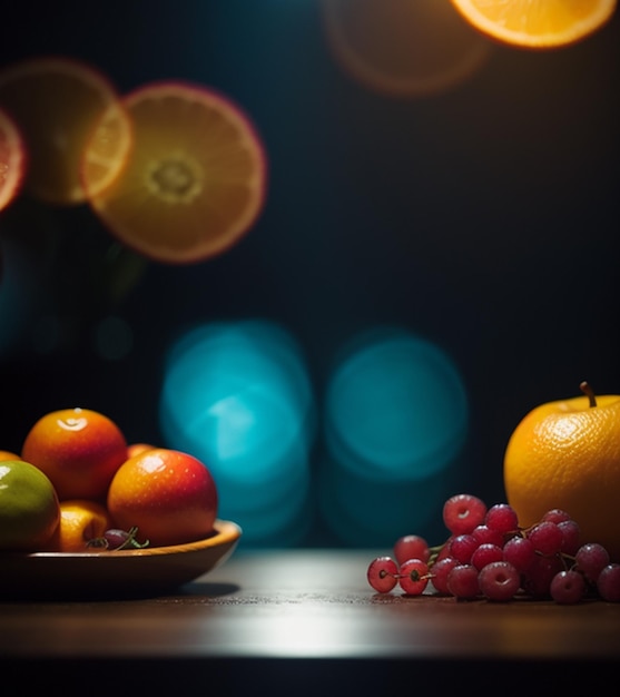 Un bol de fruits avec un fruit sur la table et un fruit en arrière-plan.