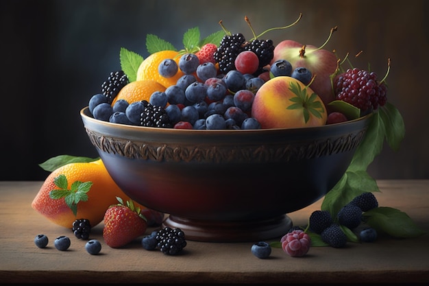 Un bol de fruits avec des fruits sur la table